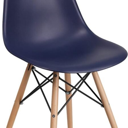 Series Navy Plastic Chair with Wooden Legs for Versatile Kitchen, Dining Room, Living Room, Library or Desk Use