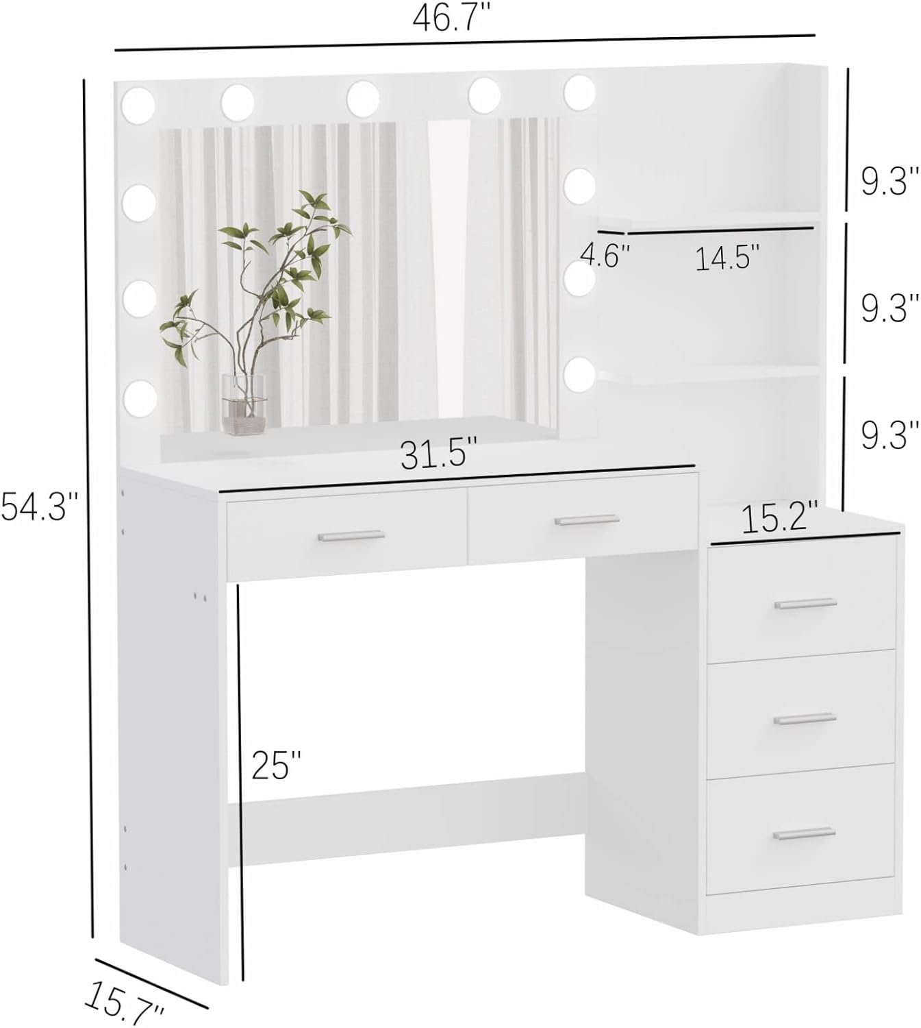 46.7" Makeup Vanity Table with Lighted Mirror, Large Vanity Desk with Storage Shelf & 5 Drawers, Bedroom Dressing Table, 11 LED Lights, White - Image 2