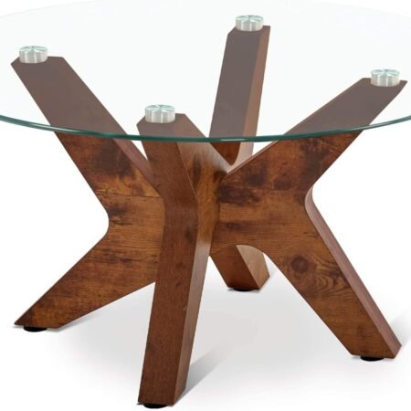 Round Glass Coffee Table for Living Room, 31.5 inches Mid Century Modern Accent Tea Table, Farmhouse Cocktail Table with MDF Leg and Tempered Glass Top (Rustic Brown)