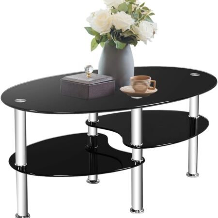 Glass Coffee Table, 2-Tier Modern Oval Smooth Glass Tea Table End Table for Home Office with 2 Tier Tempered Glass Boards & Sturdy Chrome Plated Legs