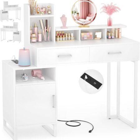 Vanity Desk, Small Vanity Desk with Power Outlet, Makeup Desk with Drawers and Cabinets, Vanity Set with Storage Shelves for Bedroom, No Mirror, White