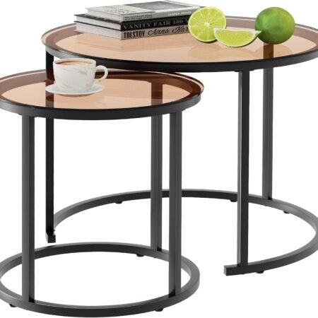 Nesting Coffee Table Set of 2, Small Round Glass Nesting Tables for Living Room Bedroom, Accent Tea Table with Metal Frame Modern Industrial Simple