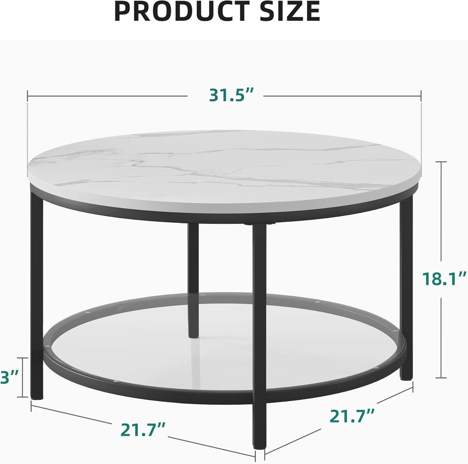White Marble Round Coffee Table with Glass for Living Room, 2-Tier Circle Coffee Table with Storage Clear Coffee Table, Simple Modern Center Cocktail Table White & Black - Image 2