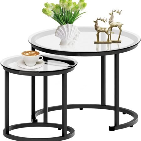 Black Nesting Coffee Glass Table Set of 2, Metal Freme Side End Tables for Living Room Bedroom for Apartment Small Place Modern Industrial Simple, 23.6D x 23.6W x 17.7H in