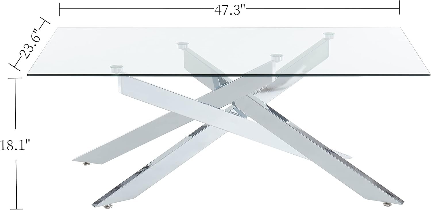 Rectangle Modern Coffee Table, Tempered Glass Top and Metal Tubular Leg, 47.3”Lx23.6”Wx18.1”H, Silver - Image 2