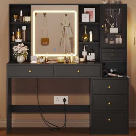 Makeup Vanity Desk with Lighted Sliding Mirror & Jewelry Organizer, Makeup Dressing Table with 5 Drawers, Modern Black