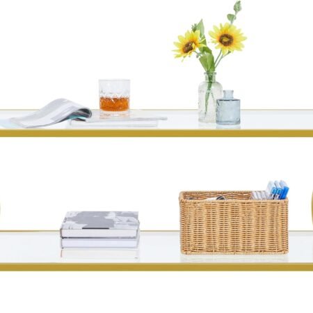 Gold Coffee Table, 2-Tier Rectangular Glass Coffee Table with Curved Frame, Modern Center Table for Living Room & Apartment, Easy Assembly