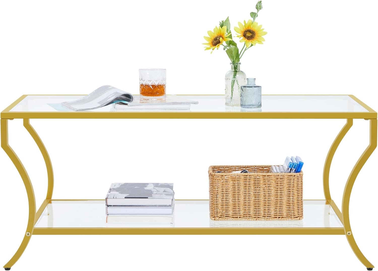 Gold Coffee Table, 2-Tier Rectangular Glass Coffee Table with Curved Frame, Modern Center Table for Living Room & Apartment, Easy Assembly