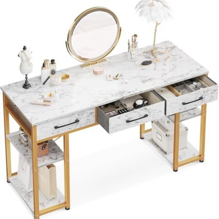 Vanity Desk with Fabric Drawers & Storage Shelves, Makeup Dressing Table, Home Office Desks for Bedroom, Modern Writing Desk,White Marble and Gold Leg, 48"x16" (No Mirror)