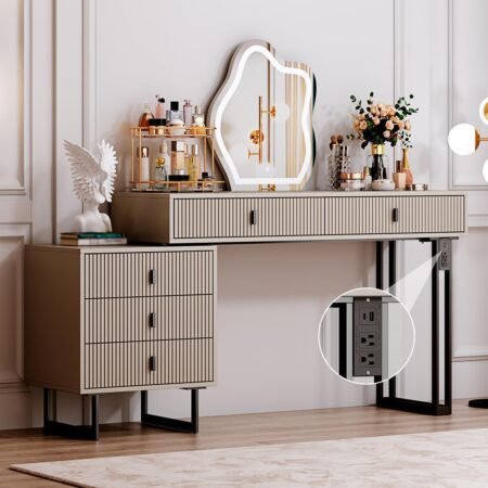 Vanity desk with mirror and lights, with 3 Color Touch Screen Dimming Mirror, Modern Retractable Makeup Dressing Table with Adjustable Cabinet and 5 Sliding Drawers,Vanity Table with Power Strip,Gray