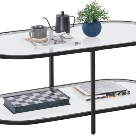 Glass Coffee Table, Black Oval Coffee Table for Living Room, Modern Minimal 2-Tier Center Table with Metal Frame for Small Space, Apartment, Office