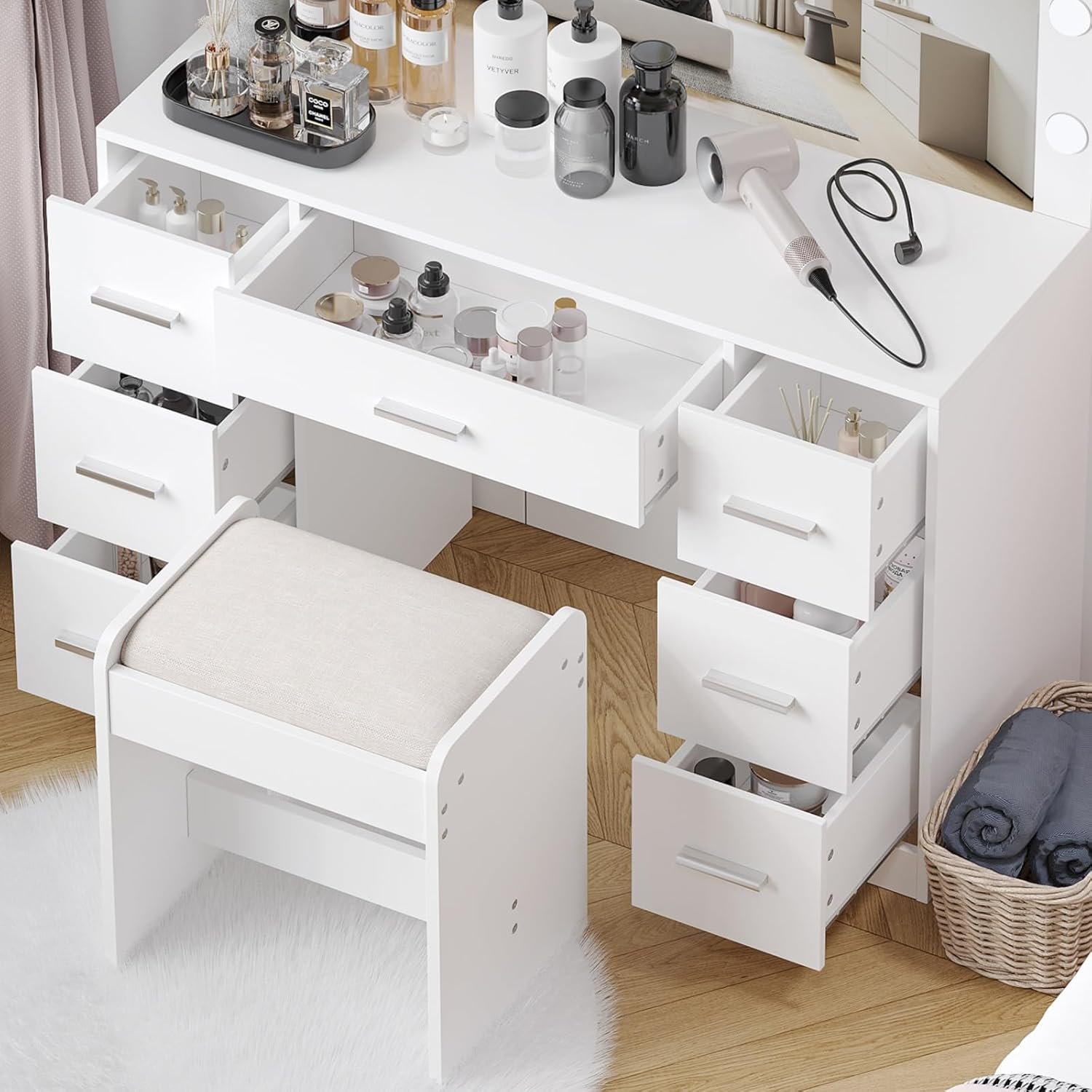 Vanity Desk with Stool, Makeup Table with Lighted Mirror, 3 Color Lighting Modes, Brightness Adjustable, Dressing Table with Drawers, Vanity Table Set for Women, White - Image 2