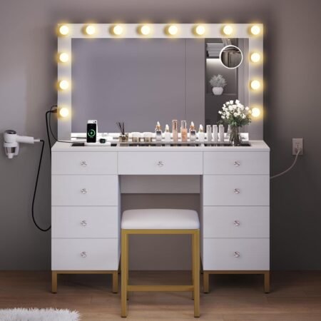 Vanity Desk Set with Hollywood Bulbs Mirror Power Outlet, Large Glass Top Vanity Makeup Mirror Desk Crystal Handle 3 Color Lighting Modes 9 Drawers Magnifying Glass, Makeup Vanity w/Bench, White