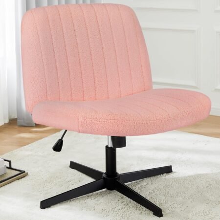 Cross Legged Armless Wide Wheels, Modern Home Office Desk Swivel Adjustable Teddy Fabric Vanity Chair, Pink