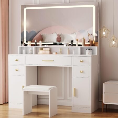 Vanity Desk Set with Large LED Lighted Mirror Power Outlet Makeup Vanity Table 3 Color Lighting Modes Dressing Table with 5 Drawers and 2 Cabinets Cushioned Stool for Bedroom, White