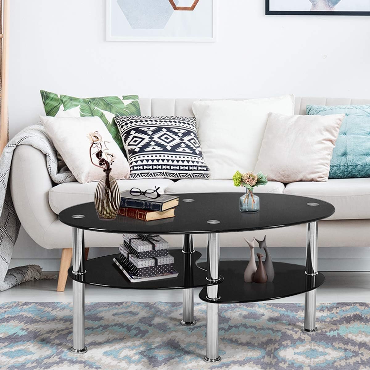 Glass Coffee Table, 2-Tier Modern Oval Smooth Glass Tea Table End Table for Home Office with 2 Tier Tempered Glass Boards & Sturdy Chrome Plated Legs - Image 2