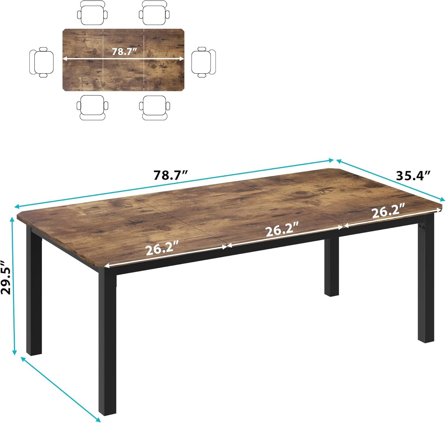 Industrial Dining Table For 6~8 People, 78.7" Long Kitchen Table, Wood Dining Table, Kitchen & Dining Room Table, Rectangle Dining Room Table For 6 Ideal For Dinner Or Meetings -Retro Brown - Image 2