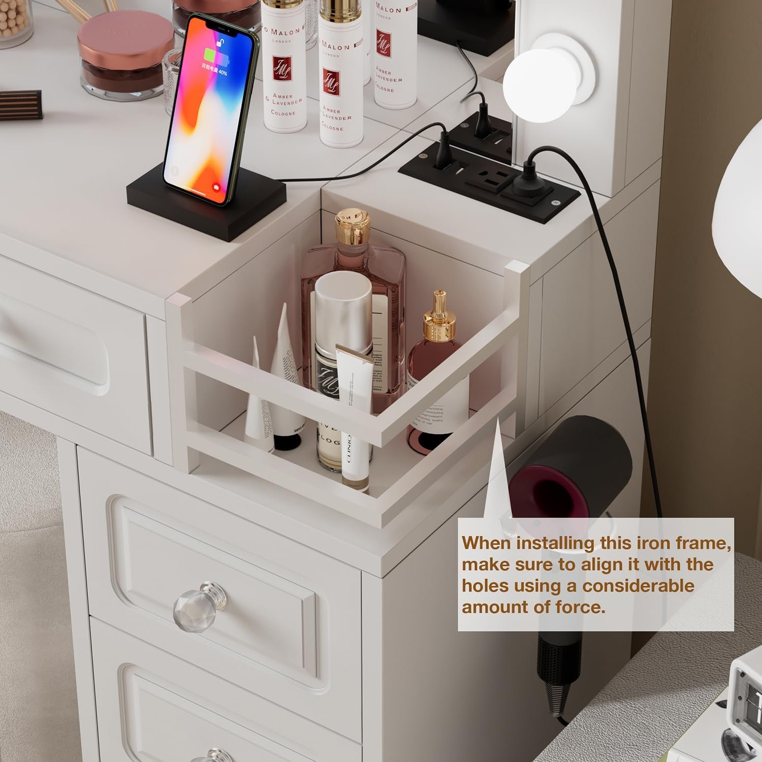 Farmhouse Makeup Vanity Desk with Lighted Mirror & Power Outlet, Vanity Dresser Table with 3 Lighting Modes Brightness Adjustable,7 Drawer,2 Shelves,Hair Dryer Stand for Bedroom,White - Image 2