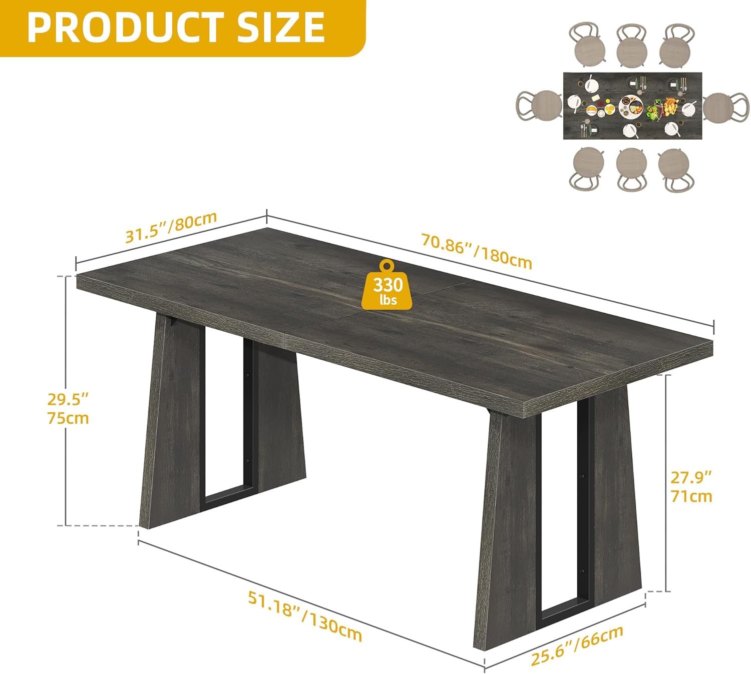Rectangle Dining Table for 6-8 People 70.86 Inch Large Dining Room Table Wooden Dinner Table with Heavy Duty Legs for Kitchen Apartment Restaurant Rustic Grey - Image 2