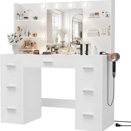 Vanity Desk with Mirror, LED Lights and Power Outlet Makeup Vanity Table with 7 Drawers and 6 Storage Shelves Dressing Table for Bedroom Dressing Room (White)