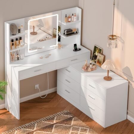 65.9'' Vanity Desk with LED Lighted Mirror & Power Outlet, Modern Corner Makeup Vanity Table with 8 Drawers & Open Shelves, Dressing Table for Bedroom, Makeup Room