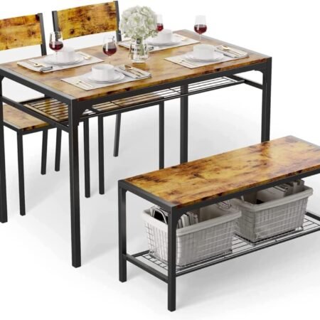Kitchen Table and 2 Chairs for 4 with Bench, 4 Piece Dining Table Set for Small Space, Apartment (Rustic Brown)