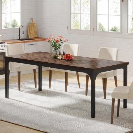 Farmhouse Dining Table for 6-8, 70.9 Inch Rectangular Wood Kitchen Table with Heavy Duty Metal Legs, Industrial Dinner Table for Dining Room, Living Room, Brown