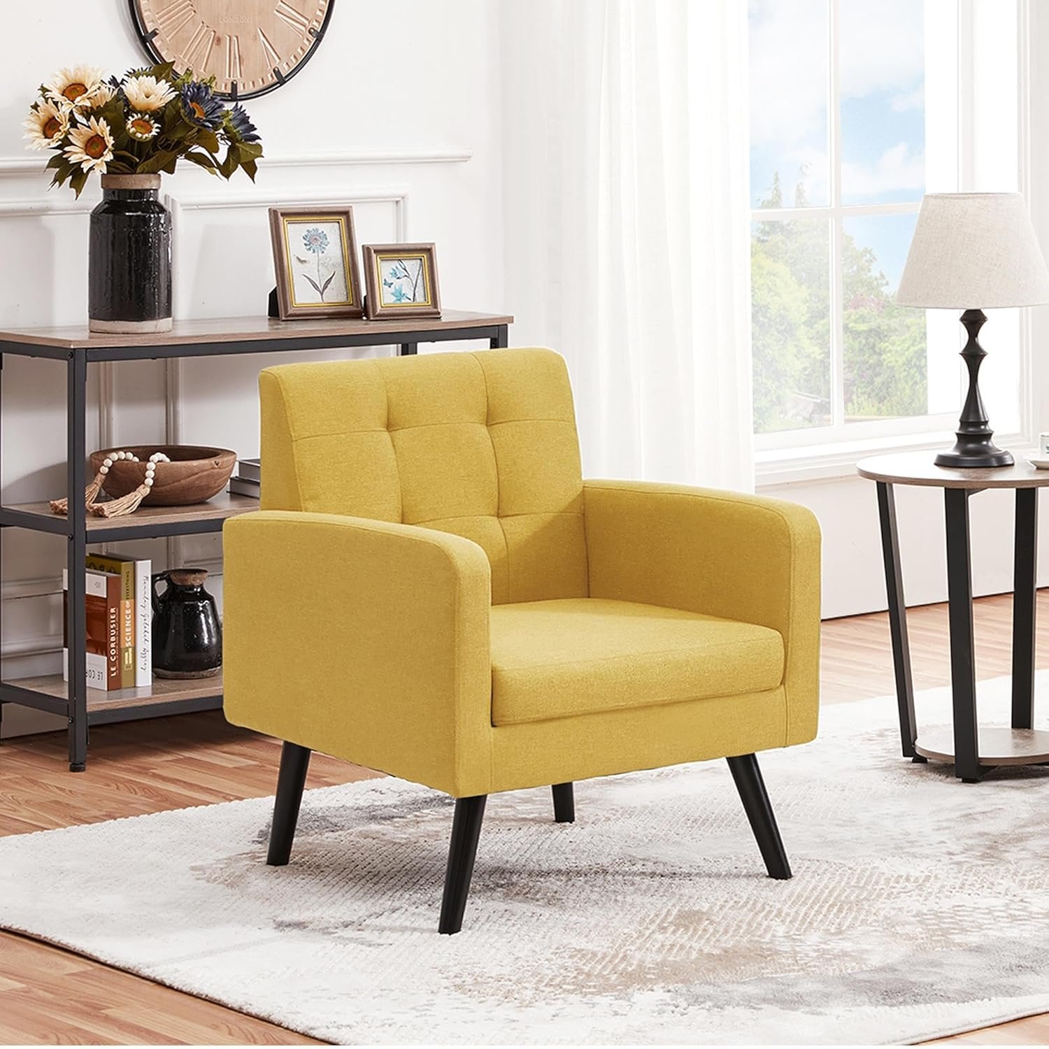 Mid-Century Accent Chairs, Modern Upholstered Living Room Chair, Cozy Armchair Button Tufted Back and Wood Legs for Bedroom/Office/Cafe, Yellow - Image 2