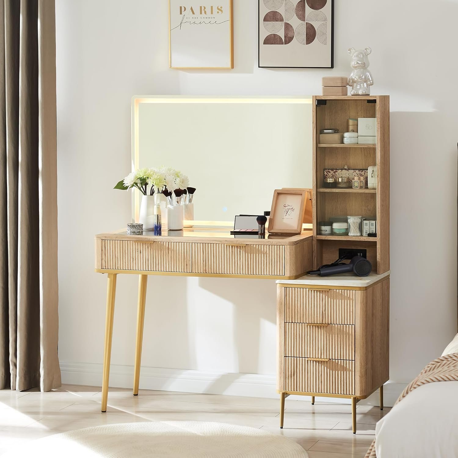 Makeup Vanity Desk with 36" HD Lighted Mirror, 48" Big Modern Vanity Desk with Mirror and Lights, Dressing Table with 5 Drawers & Shelves, Glass Top for Bedroom (Natural Oak) - Image 2