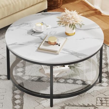 White Marble Round Coffee Table with Glass for Living Room, 2-Tier Circle Coffee Table with Storage Clear Coffee Table, Simple Modern Center Cocktail Table White & Black