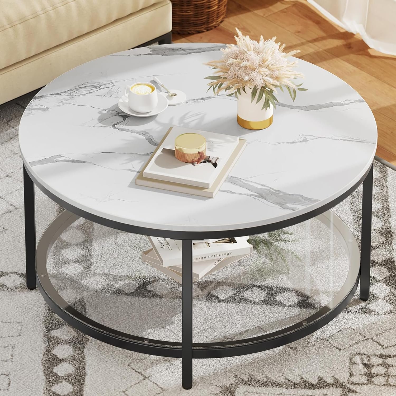 White Marble Round Coffee Table with Glass for Living Room, 2-Tier Circle Coffee Table with Storage Clear Coffee Table, Simple Modern Center Cocktail Table White & Black