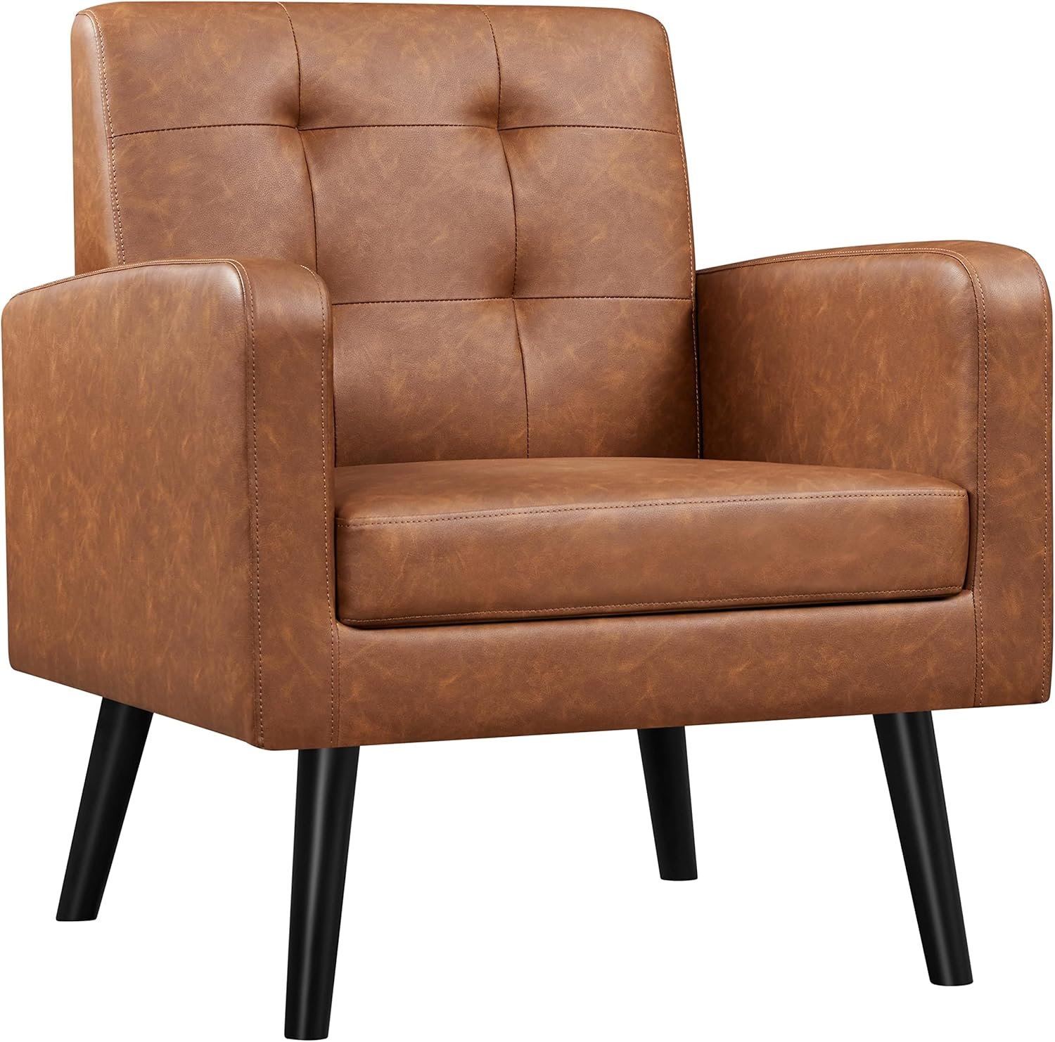 Mid-Century Accent Chairs, PU Leather Modern Upholstered Living Room Chair, Cozy Armchair Button Tufted Back and Wood Legs for Bedroom/Office/Cafe, Retro Brown