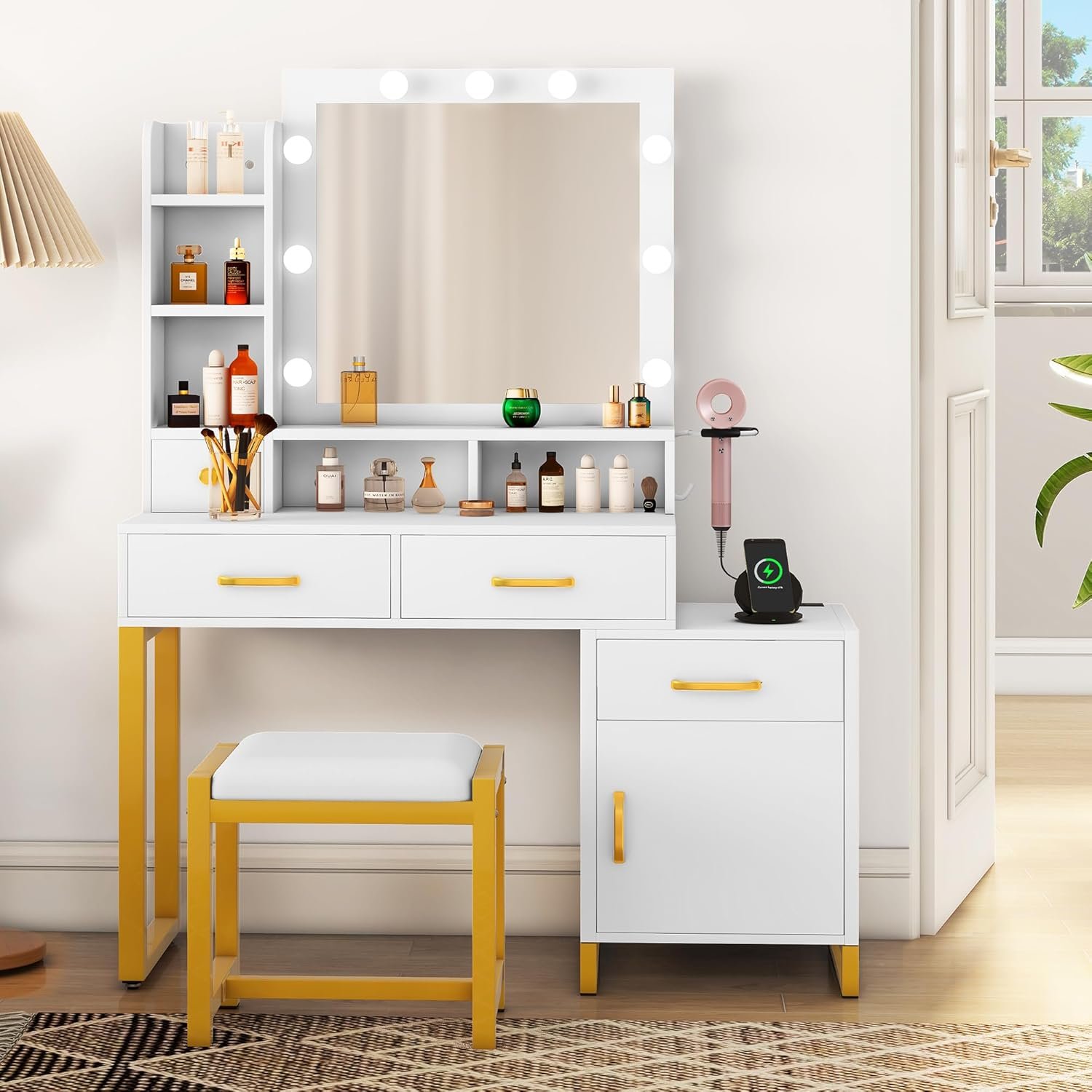 Makeup Vanity Desk with Mirror and Lights & Charging Station, Vanity Table Set with Chair, Drawers, 3 Lighting Modes Brightness Adjustable, Bedroom (White)