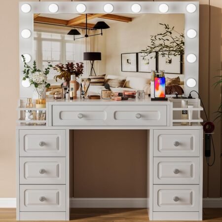 Farmhouse Makeup Vanity Desk with Lighted Mirror & Power Outlet, Vanity Dresser Table with 3 Lighting Modes Brightness Adjustable,7 Drawer,2 Shelves,Hair Dryer Stand for Bedroom,White