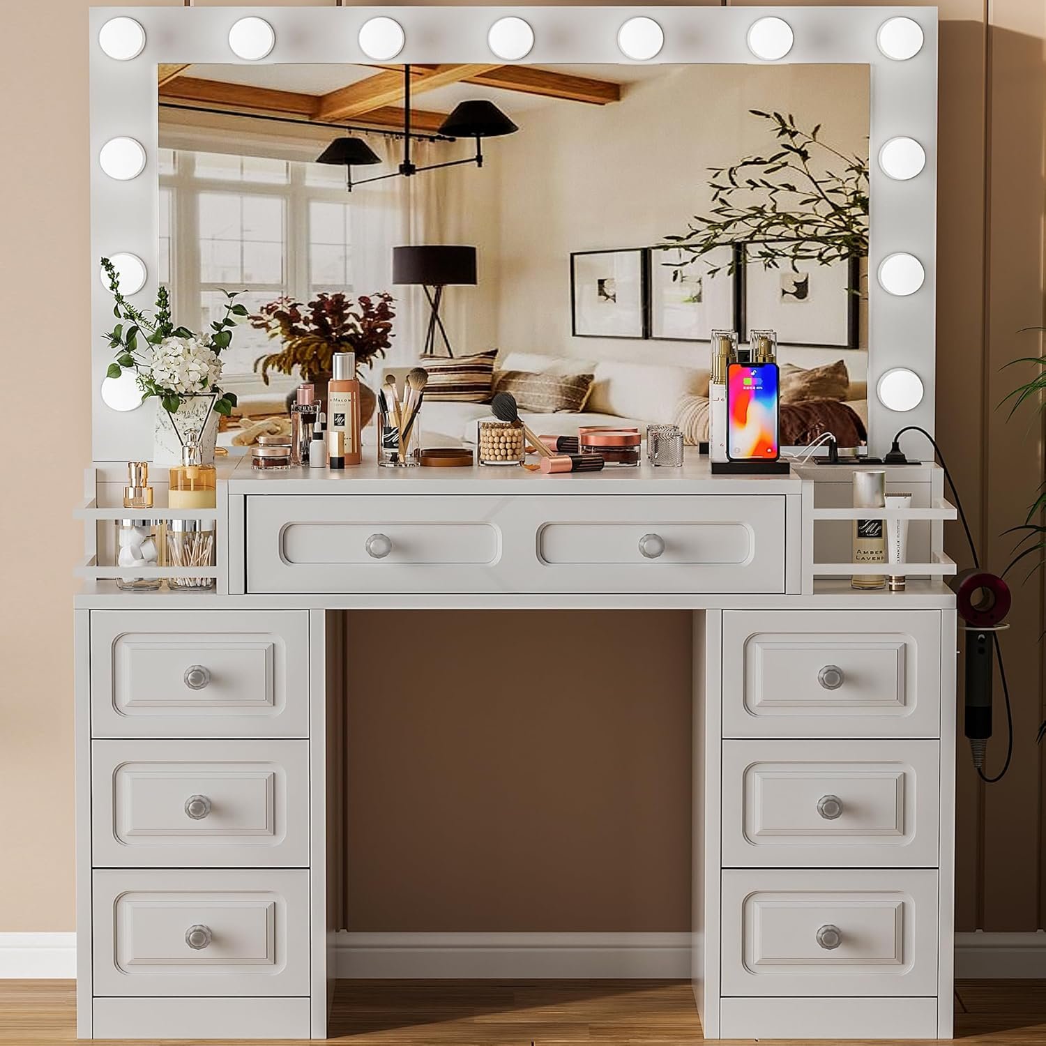 Farmhouse Makeup Vanity Desk with Lighted Mirror & Power Outlet, Vanity Dresser Table with 3 Lighting Modes Brightness Adjustable,7 Drawer,2 Shelves,Hair Dryer Stand for Bedroom,White