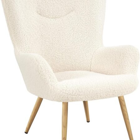 Boucle Vanity Chair, Modern Fluffy Accent Chair, Armchair with High Back and Wood-Tone Metal Legs, Downy Barrel Chair Soft Backrest for Living Room Bedroom Home Office, Ivory
