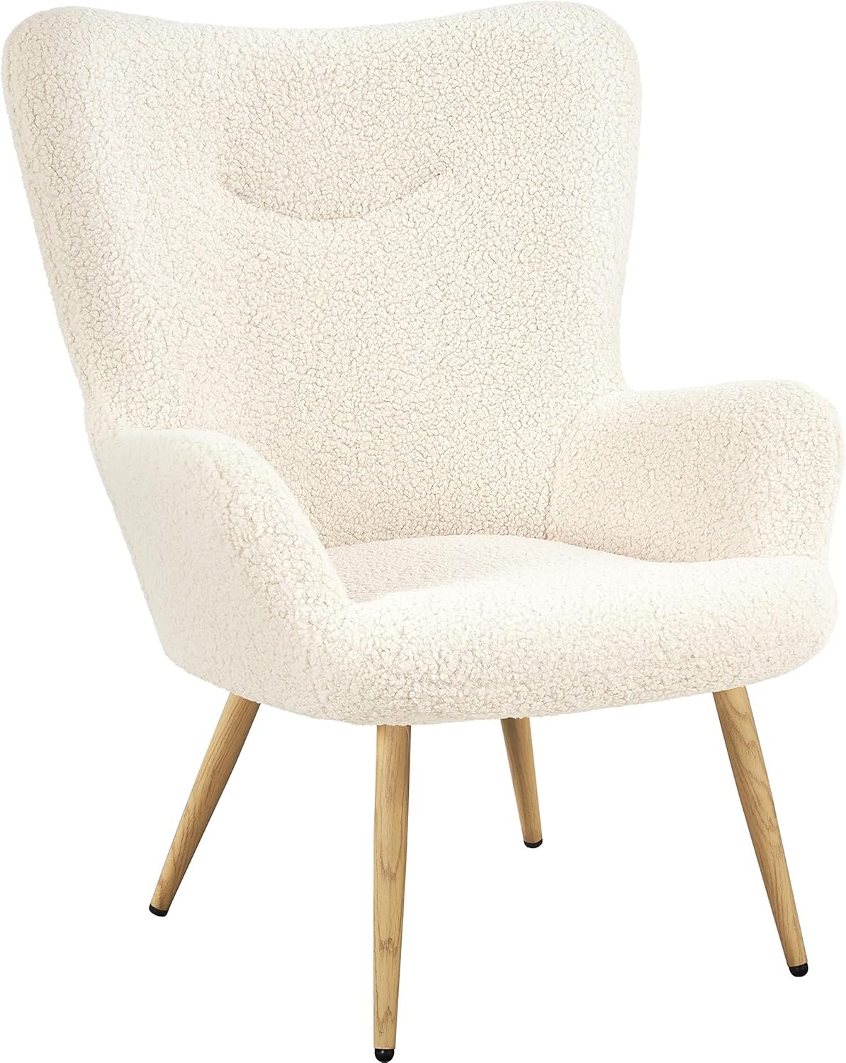 Boucle Vanity Chair, Modern Fluffy Accent Chair, Armchair with High Back and Wood-Tone Metal Legs, Downy Barrel Chair Soft Backrest for Living Room Bedroom Home Office, Ivory