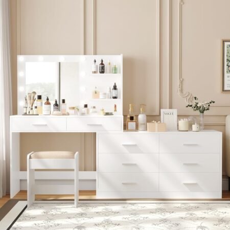 65" W Makeup Vanity Set with Mirror and 3-Color Lights, Large Vanity Table with 8 Drawers & Side Storage Shelf, Adjustable Width, Bedroom Dressing Table with Stool, for Women, White