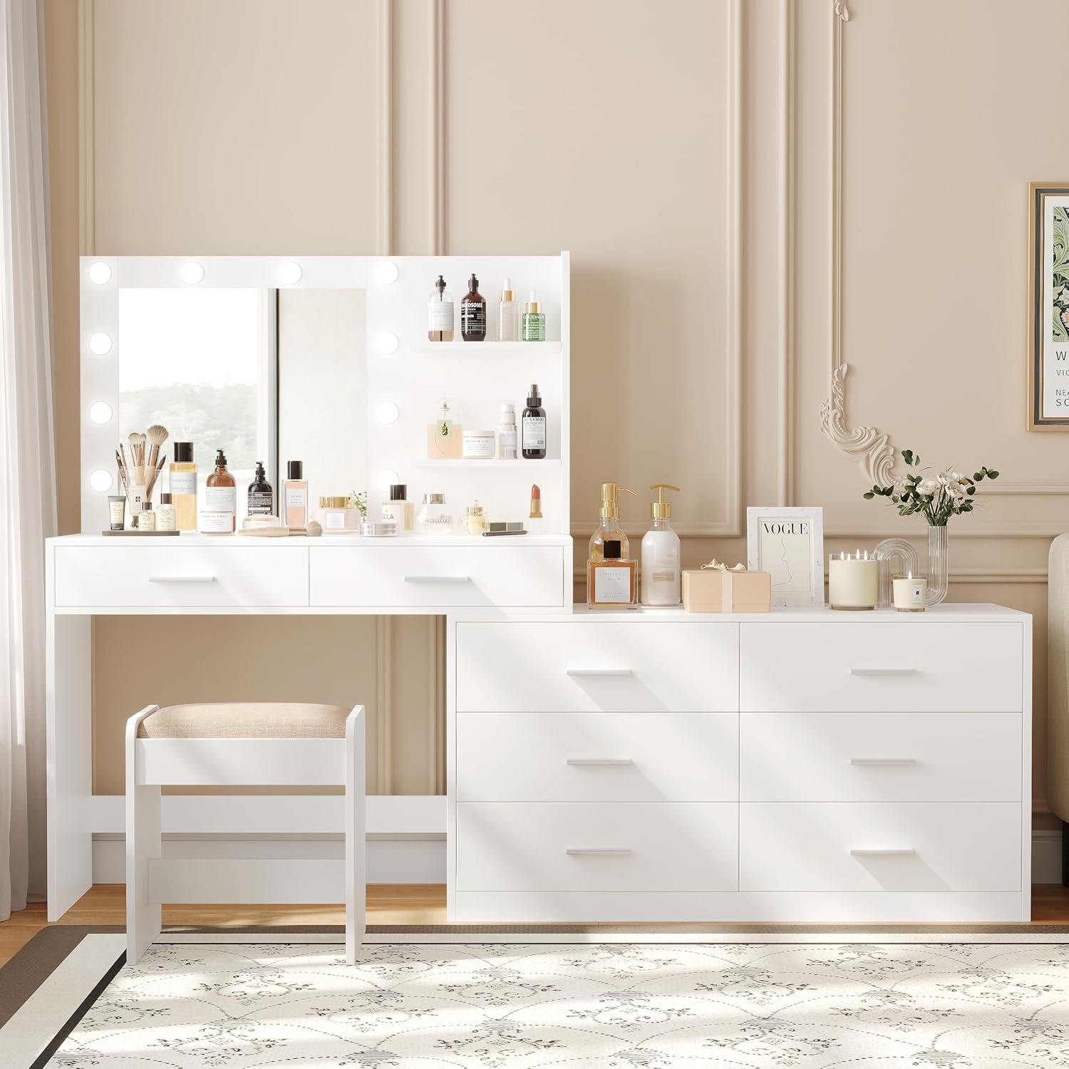 65" W Makeup Vanity Set with Mirror and 3-Color Lights, Large Vanity Table with 8 Drawers & Side Storage Shelf, Adjustable Width, Bedroom Dressing Table with Stool, for Women, White