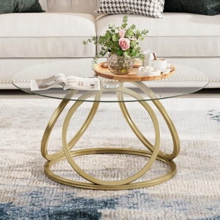 Gold Coffee Table, Modern Round Glass Coffee Table for Living Room with Ring-Shaped Frames, Gold Glass Table for Home&Office,Gold Finish, 1PC
