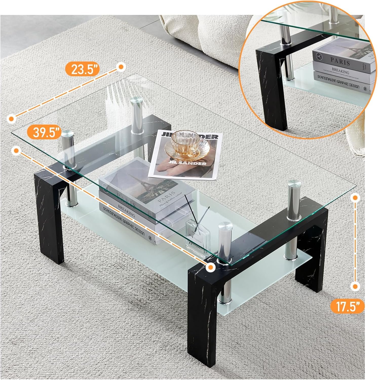 Living Room Rectangle Coffee Table, Tea Table Suitable for Waiting Room, Modern Side Coffee Table with Wooden Leg, Glass Tabletop with Lower Shelf, Black marble leg. - Image 2