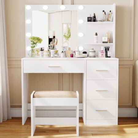 Makeup Vanity Table Set with Lighted Mirror, Makeup Vanity with Storage Shelf and 4 Drawers, Bedroom Dressing Table, Cushioned Stool & 10 LED Lights, White