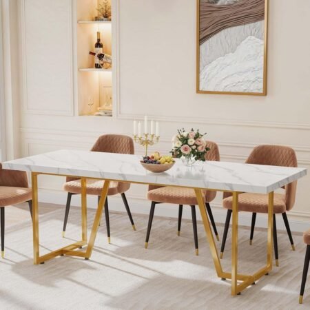 82.6'' Large Modern Dining Table for 8-10 People, Rectangular White Kitchen Dining Room Table with Faux Marble Tabletop and Geometric Gold Metal Legs, Wood Dinner Tables for Family Gathering