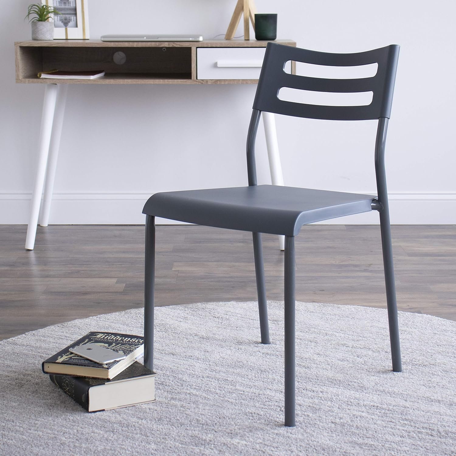 Desk Chair no Wheels, Grey, 16"W x 19"D x 30"H, 200 lbs Max - Lightweight Plastic Chair for Small Spaces - Premium Stackable Minimalist Chair for Office, Dorm, Bedroom, Dining, and More - Image 2