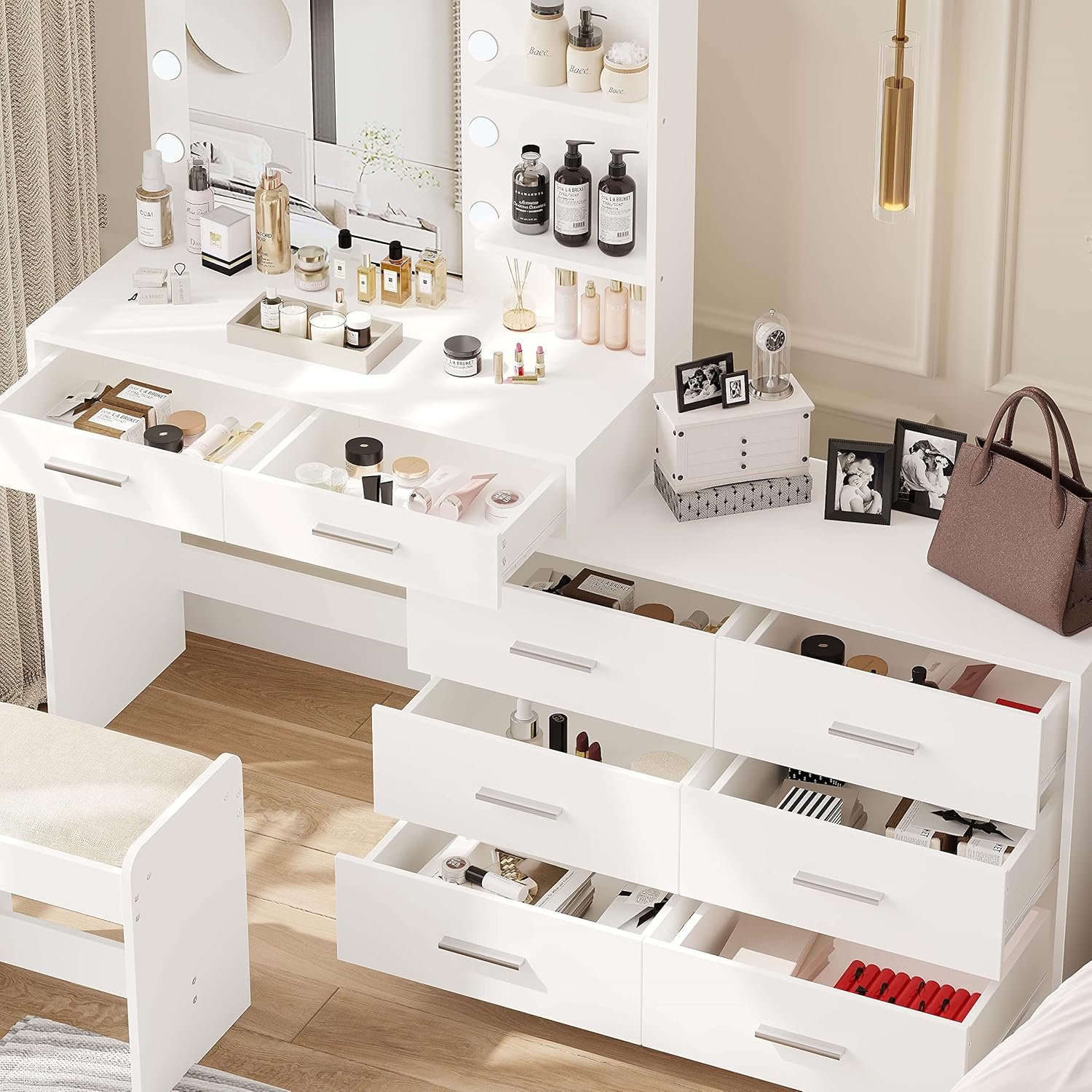 65" W Makeup Vanity Set with Mirror and 3-Color Lights, Large Vanity Table with 8 Drawers & Side Storage Shelf, Adjustable Width, Bedroom Dressing Table with Stool, for Women, White - Image 2