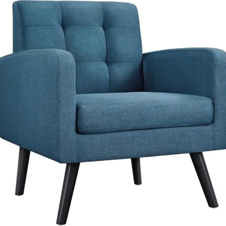 Mid-Century Accent Chairs, Modern Upholstered Living Room Chair, Cozy Armchair Button Tufted Back and Wood Legs for Bedroom/Office/Cafe, Navy Blue