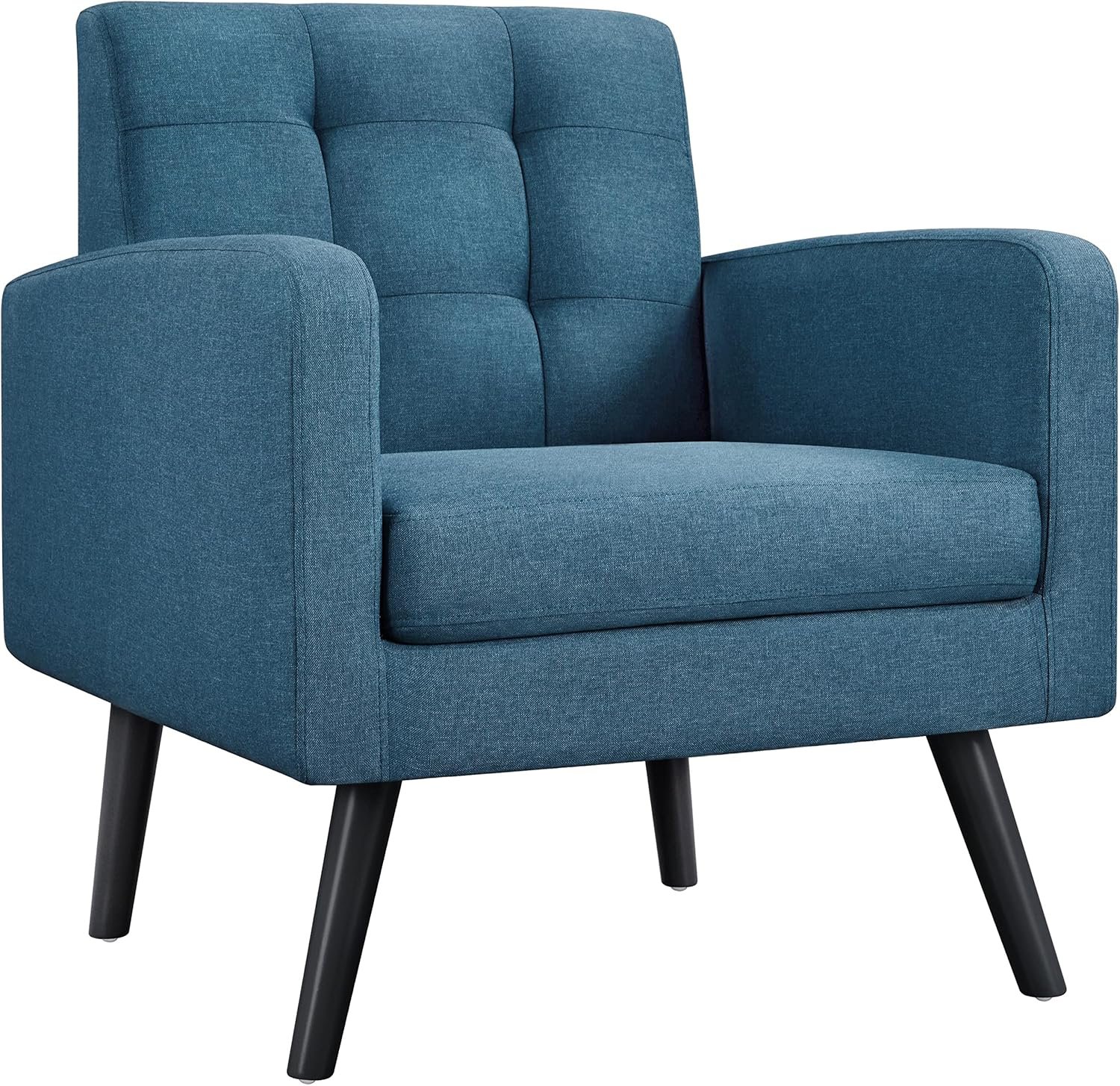 Mid-Century Accent Chairs, Modern Upholstered Living Room Chair, Cozy Armchair Button Tufted Back and Wood Legs for Bedroom/Office/Cafe, Navy Blue