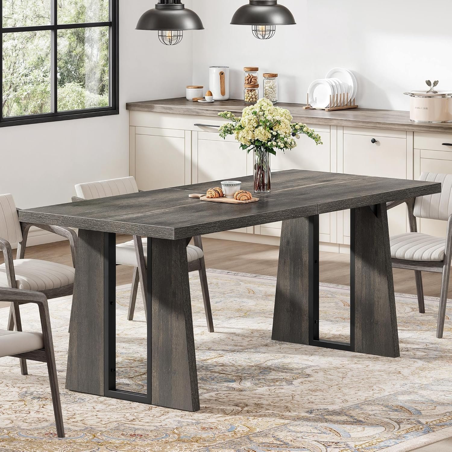 Rectangle Dining Table for 6-8 People 70.86 Inch Large Dining Room Table Wooden Dinner Table with Heavy Duty Legs for Kitchen Apartment Restaurant Rustic Grey