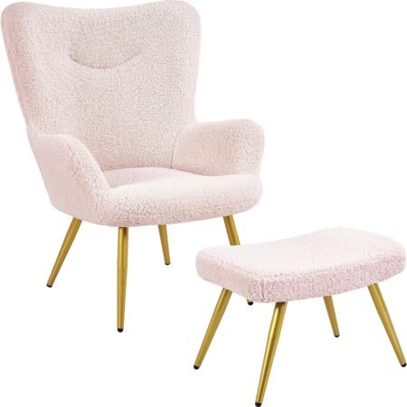 Accent Chair with Ottoman, Boucle Fabric Armchair Footstool, Modern and Cozy Vanity Chair with Golden Legs for Living Room, Lounge, Makeup Room, Bedroom, Pink