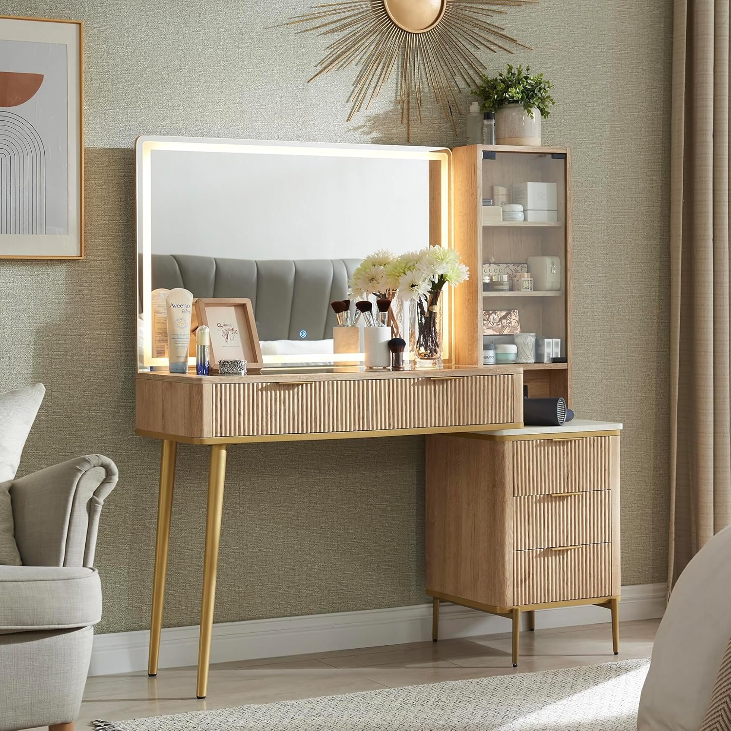 Makeup Vanity Desk with 36" HD Lighted Mirror, 48" Big Modern Vanity Desk with Mirror and Lights, Dressing Table with 5 Drawers & Shelves, Glass Top for Bedroom (Natural Oak)
